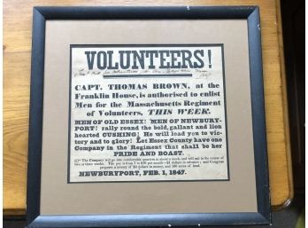 (G-16)FRAMED 1847 PAPER SIGN-CALL FOR VOLUNTEERS FOR MEXICAN WAR -MASS. REGIMENT-AMAZING HISTORICAL ART-14X15'