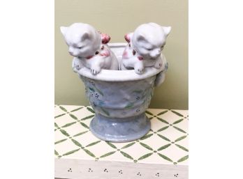 (B-8) ANTIQUE VICTORIAN PORCELAIN FIGURINE - TWO CATS IN A PLANTER C. 1860S - 7' TALL