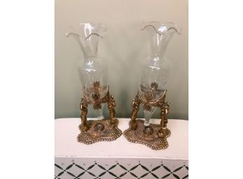 (C-14) PAIR ANTIQUE VICTORIAN GLASS VASES ON BRASS BASE WITH CHERUBS - ETCHED GLASS - 9' TALL