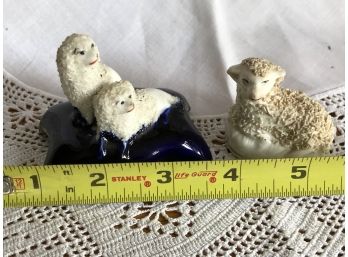 (G-8) TWO ANTIQUE Miniature Staffordshire ANIMALS - SPANIELS ON A PILLOW & LAMB -2'-3' EA.
