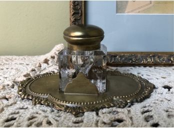 (F-14) ANTIQUE GLASS INK WELL ON BRASS TRAY - 5'