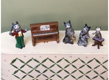 (C-38) VINTAGE DRESDEN GERMANY PORCELAIN CAT BAND - CONDUCTOR, PIANO -5 PIECE- 3' TALL