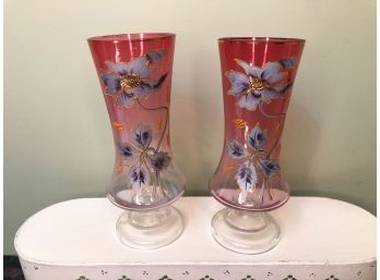 (C-32)  PAIR  ANTIQUE CRANBERRY TO CLEAR GLASS VASES - PAINTED FLORAL DECORATION W/GOLD - 8' TALL