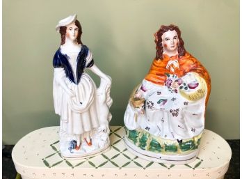 (A-27) TWO ANTIQUE 1850 STAFFORDSHIRE ENGLAND FIGURINES -COURTIER WOMAN & WOMAN W/FOX-9'TALL