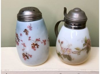 (C-21) LOT OF 2 ANTIQUE SATIN GLASS PIECES - SUGAR SHAKER & SYRUP POURER - C.1800S- 5' TALL