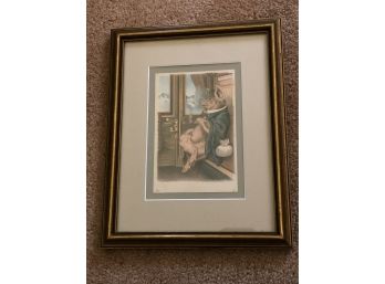 (E-26) ANTIQUE FRAMED LITHO '- RICH PIG ON A TRAIN WITH BAG OF MONEY -8' BY 10'