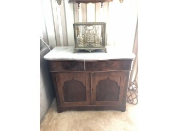 (D-12) ANTIQUE MARBLE TOP CABINET - DOOR LOCK NEEDS TLC - 2 HOLES ON TOP OF MARBLE- 28' HIGH BY 35' WIDE BY 19
