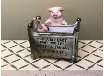 (G-6) ANTIQUE GERMAN FAIRING CERAMIC PIG FIGURINE -MAMA & BABY PIG IN CRADLE -'YOU'LL BE A SAUSAGE' C.1920S-4'