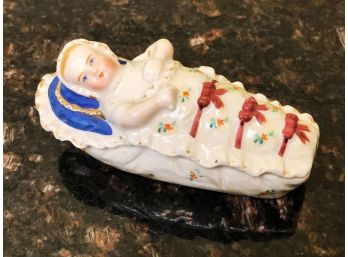 (C-40) ANTIQUE ENGLISH STAFFORDSHIRE COVERED BOX - BABY SWADDLED IN CRADLE - VICTORIAN- 4' LONG