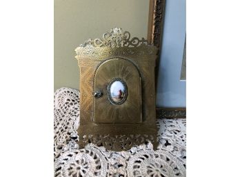 (F-5) ANTIQUE BRASS  VICTORIAN HINGED FRAME WITH PORCELAIN MEDALLION ICON HOLDER-C.1880S-6'