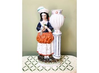 (A-25) ANTIQUE 1850 STAFFORDSHIRE ENGLAND WOMAN  WITH PARROT & URN- FLAT BACK- 12' TALL