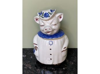(G-2) VINTAGE CERAMIC SHAWNEE SMILING PIG COOKIE JAR- 12' TALL - BLUE FLOWERS - LIKELY USA-PERFECT