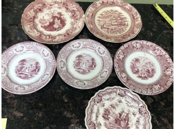 (X22) LOT OF SIX ANTIQUE / VINTAGE RED TRANSFER WARE PLATES - 7-9'