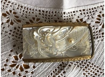 (G-12) ANTIQUE CARVED MOTHER OF PEARL ASIAN BELT BUCKLE WITH DRAGON - BRASS MOUNT - 2.5'