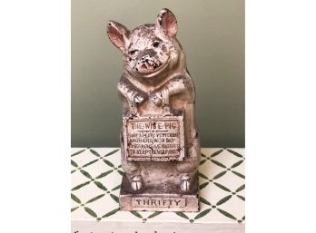 (G-23) ANTIQUE CAST IRON 'THE WISE PIG' THRIFTY PIGGY BANK - KEEP THE WOLF AWAY! - 'JMR' MARK -7'