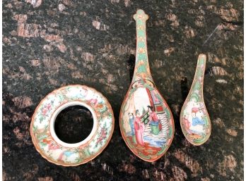 (C-30)  LOT OF 3 ANTIQUE  ROSE MEDALLION PIECES - TWO SPOONS & MISC. PIECE - 3' -7'