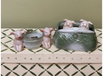 (G-9)LOT OF TWO ANTIQUE GERMAN FAIRINGS -PORCELAIN PIG FIGURINES- PIGS IN A PURSE &WATER BUCKET - C.1920S - 4'