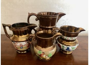 (D-39) LOT OF 4 PIECES OF ANTIQUE COPPER LUSTRE WARE PITCHERS -GREENS -  4' - 6' HIGH