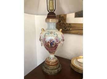 (D-10) ANTIQUE PORCELAIN LAMP WITH SHADE - MAIDENS DANCING WITH FLOWERS - 29' TALL