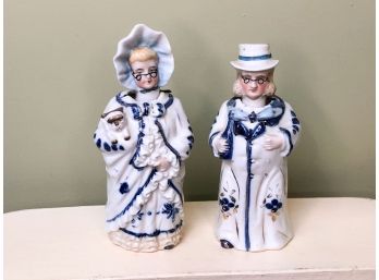 (C-33) PAIR  ANTIQUE FRENCH PORCELAIN NODDERS - MAN & WOMAN W/WIRE GLASSES & CAT- 6' TALL -
