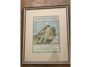 (E-16) ANTIQUE FRAMED 1927 GOOD HOUSKEEPING MAGAZINE PRINT -BOY IN ROWBOAT -19' BY 15'