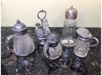 (C-37) LOT OF ANTIQUE GLASS CASTOR SET  WITH STAND & SUGAR SHAKER & 3 PITCHERS - DUNCAN, ETCHED GLASS -3-7'