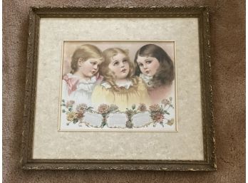 (E-10) ANTIQUE FRAMED 1896 CALENDAR PRINT - THREE GIRLS  -16' BY 18'