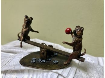 (X33) ANTIQUE AUSTRIAN BRONZE - TWO DOGS ON A SEESAW WITH FLOWERS - MOVABLE SEESAW -AMAZING! 4'
