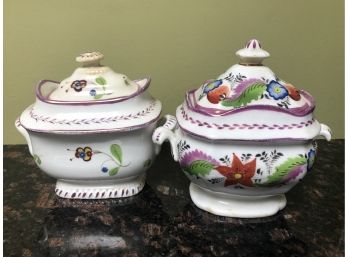 (X14) TWO ANTIQUE PINK LUSTREWARE COVERED SUGAR BOWLS - 8'