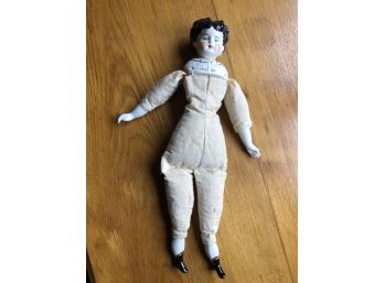 (G-20 )ANTIQUE CHINA HEAD DOLL-CLOTH & EXCELSIOR STUFFING -CHINA HANDS, FEET, HEAD, BREASTPLATE-'ISABEL'-13'