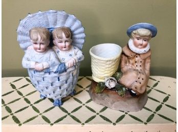 (A-42) LOT OF 2 ANTIQUE VICTORIAN ENGLISH BISQUE FIGURINES -KIDS IN BASKET -4-5' TALL