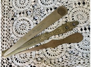 (F-11) LOT OF 3 ANTIQUE BRASS - BRONZE LETTER OPENERS -ADVERTISING - 9'