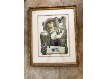 (E-9) ANTIQUE FRAMED ADVERTISING PRINT - BROOKLYN FURNITURE & CARPET - GIRL WITH DOVES -26' BY 22'
