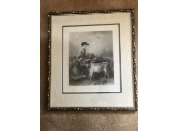 (E-3) ANTIQUE FRAMED ENGRAVING- 'IN THE PASTURE ' MOTHER & SON WITH COWS - 17' BY 15'