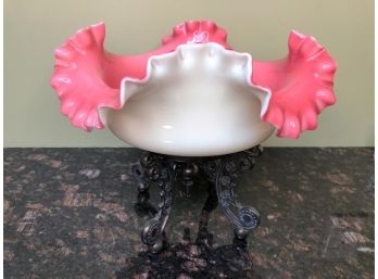 (C-18) ANTIQUE PINK & WHITE CUSTARD GLASS BRIDAL BASKET WITH SILVERPLATE STAND - 10' TALL 9' WIDE