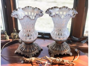 (D-2) PAIR ANTIQUE OPALESCENT GLASS VICTORIAN LAMPS - PERFECT - 12' TALL BASE IS 8' WIDE