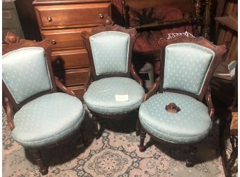 (Z-18) LOT OF THREE ANTIQUE WOOD CHAIRS  WITH GREEN SEATS - ONE NEEDS REPAIR TO CROWN PIECE - INCLUDED