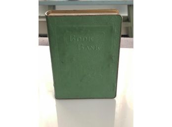 (D21) ANTIQUE 'BOOK BANK' NO KEY-GREEN AND GOLD-MEASURES 5'X 3 1/2'X 1'