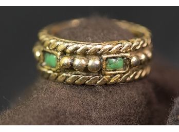 (A20) GOLD TONED COSTUME RING WITH GREEN STONES-SIZE 6- WEIGHT IS APPROX. 6 DWT
