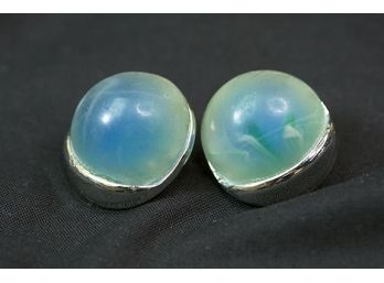 (A14) VINTAGE COSTUME CLIP ON EARRINGS-GREEN, BLUE PLASTIC WITH SILVER TONE
