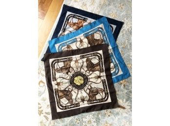 (E13) LOT OF 3 HORSE THEMED SCARVES-EACH MEASURES APPROX 26 INCHES SQUARE-GROWN-TEAL-BLUE