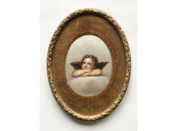 (e46) ANTIQUE HAND PAINTED PORCELAIN PLAQUE-W/CHERUB WITH WINGS IN OVAL FRAME