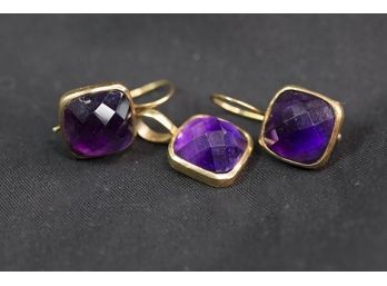 (A23) VINTAGE STERLING SILVER AND AMETHYST EARRINGS AND PIN-GOLD TONE- SET OF 3
