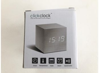 (D27) NEW IN BOX CLICK CLOCK-CUBE WHITE CLOCK-CLOCK-TEMP-DATE-ALARM-SOUND CONTROL
