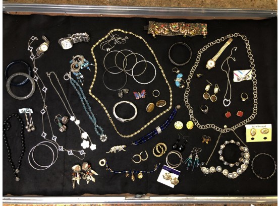 (J-9)  LOT OF VINTAGE COSTUME JEWELRY - APPROX. 50 PIECES - WATCHES,  BRACELETS, NECKLACES & EARRINGS