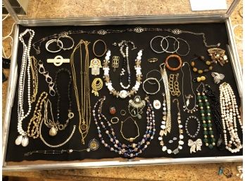 (J-2) HUGE LOT OF VINTAGE COSTUME JEWELRY - APPROX. 50 PIECES - BRACELETS,  BEADS, DESIGNER, TRIBAL NECKLACES