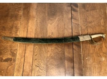 (A-4) -DECORATIVE CURVED STAINLESS & BRASS SWORD WITH GREEN SCABBARD -MADE IN INDIA - 26 'LONG