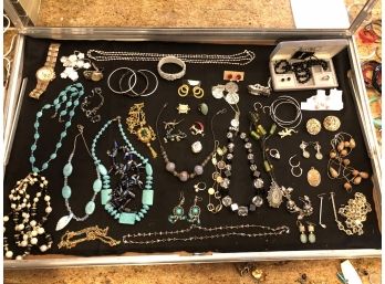 (J-6) LOT OF VINTAGE COSTUME JEWELRY - APPROX. 50 PIECES - EARRINGS, WATCH, NECKLACES