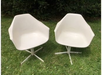 PAIR OF MCM MOLDED PLASTIC ARMCHAIRS - BURKE? TULIP STYLE - STEEL LEGS - 32' HIGH BY 19' WIDE BY 14' DEEP
