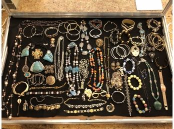 (J-1) HUGE LOT OF VINTAGE COSTUME JEWELRY - APPROX. 65 PIECES - SILVER, BEADS, DESIGNER, TRIBAL
